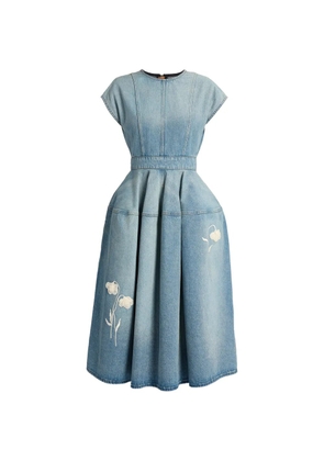 ERDEM Embroidered denim short sleeve midi dress - Blue