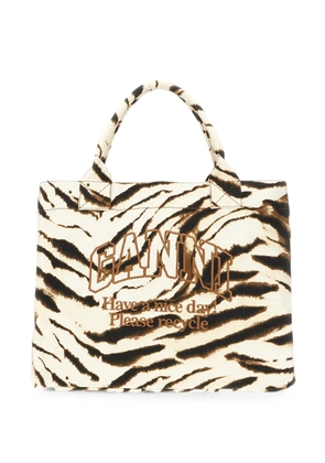 GANNI XXL tiger-print logo-embroidered tote bag - Neutrals