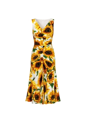 Dolce & Gabbana sunflower-print ruched-detailing midi dress - White
