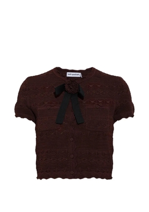 Self-Portrait bow-detail pointelle-knit cardigan - Brown