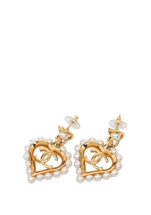 CHANEL Pre-Owned 2019 CC Gold Plated Faux Pearl Heart Cutout Drop Bullet Back Earrings costume earrings