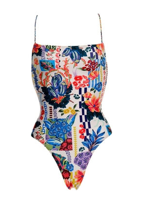 Agua Bendita Kali lace-up floral-print swimsuit - Blue