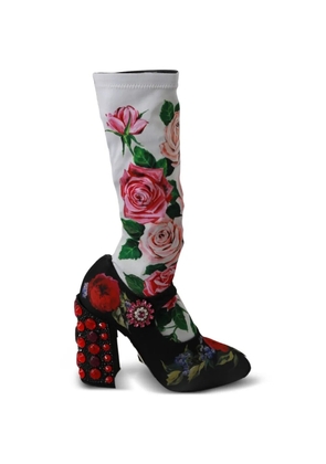 Dolce & Gabbana floral-print crystal-embellished boots - White