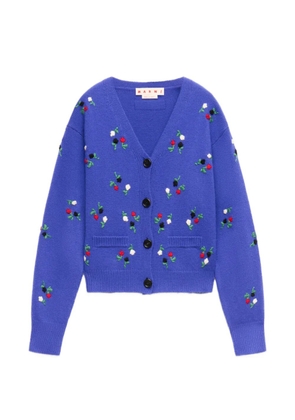 Marni flower-embroidered balloon-sleeve cardigan - Blue