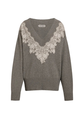 Alberta Ferretti lace-trim V-neck sweater - Grey