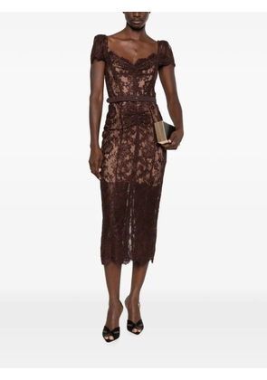 Self-Portrait lace-overlay cap-sleeve midi dress - Brown