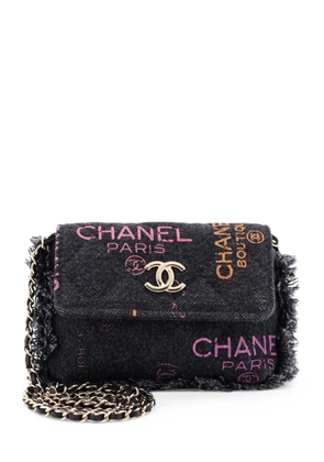 CHANEL Pre-Owned Denim Mood Flap Clutch with Chain Logo Printed Quilted Fringe Denim crossbody bag - Black