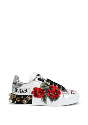 Dolce & Gabbana floral-embellished studded leather sneakers - White
