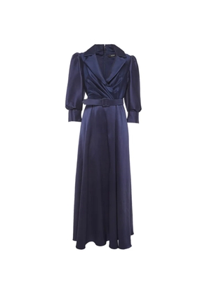 Badgley Mischka belted puff-sleeve maxi gown - Blue
