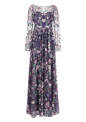 Marchesa Notte botanical-embroidery sheer-overlay gown - Purple