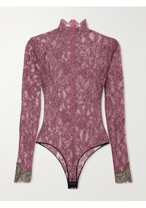 Valentino Garavani - Scalloped Lace-jersey Bodysuit - Burgundy - xx small,x small,small,medium,large