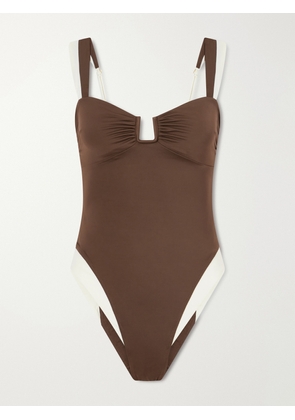 Away That Day - Cannes Two-tone Gathered Recycled Stretch Swimsuit - Brown - x small,small,medium,large