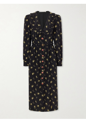Alessandra Rich - Belted Ruffled Floral-print Silk-crepe Midi Dress - Black - IT36,IT38,IT40,IT42,IT44,IT46
