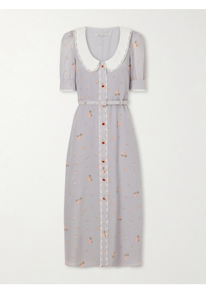 Alessandra Rich - Belted Floral-print Lace-trimmed Silk-crepe De Chine Midi Dress - Gray - IT36,IT38,IT40,IT42,IT44,IT46