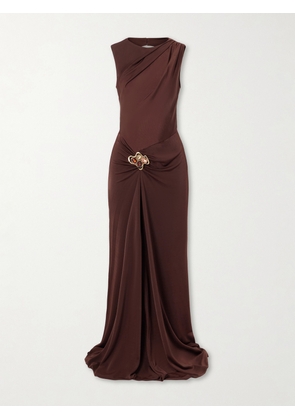 Rebecca Vallance - Hazine Open-back Ruched Embellished Jersey Gown - Brown - UK 4,UK 6,UK 8,UK 10,UK 12,UK 14