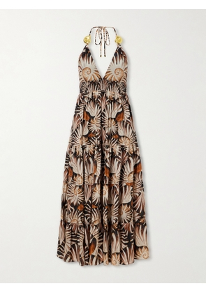 Farm Rio - Embellished Printed Shirred Tiered Georgette Halterneck Midi Dress - Brown - xx small,x small,small,medium,large,x large