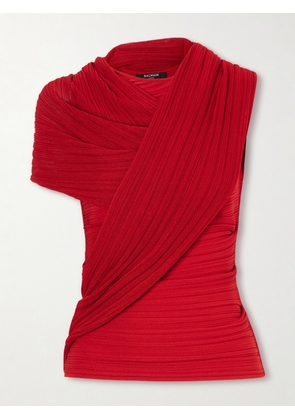 Balmain - Draped Ribbed Jersey Blouse - Red - FR 34,FR 36,FR 38,FR 40,FR 42