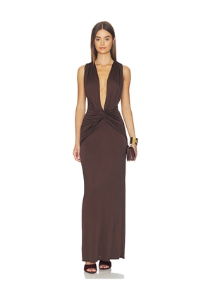 Shona Joy Miro Sleeveless Plunged Maxi Dress in Chocolate. Size S. Also in XS, M, L, XL.
