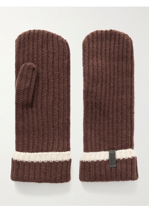Brunello Cucinelli - Bead-embellished Striped Ribbed Cashmere Mittens - Brown - S,M,L
