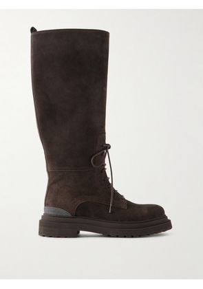 Brunello Cucinelli - Bead-embellished Suede Knee Boots - Brown - IT36,IT37,IT37.5,IT38,IT38.5,IT39,IT39.5,IT40