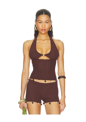 Runaway The Label Bailee Deep-v Halter Knit Top in Chocolate. Size XS. Also in S, M, L, XL.