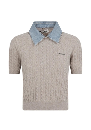 Miu Miu cable-knit denim-collar top - Neutrals