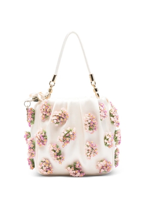 Self-Portrait floral-beaded satin mini tote bag - Neutrals