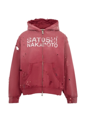 SATOSHI NAKAMOTO Luke distressed logo-print hoodie - Red