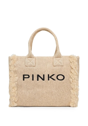 PINKO logo-embroidered fringed tote bag - Neutrals