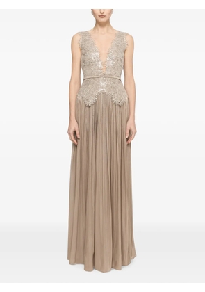 NISSA lace-panel chiffon maxi dress - Neutrals