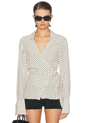 SIMONMILLER Anya Crepe Wrap Top in Macadamia & Black Polka Dot - Cream. Size S (also in XS, M, L).