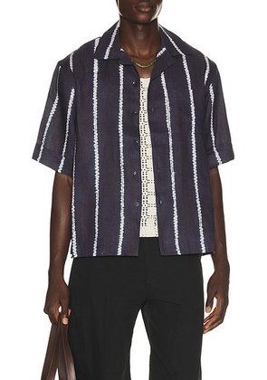 Commas Shibori Stripe Cuffed Camp Collar Shirt in Navy - Blue. Size XL/1X (also in S, M, L, XXL/2X).