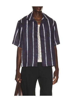 Commas Shibori Stripe Cuffed Camp Collar Shirt in Blue. Size S. Also in M, L, XL/1X, XXL/2X.