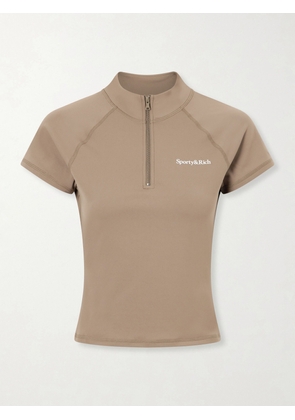 Sporty & Rich - Logo-print Stretch-jersey Half-zip T-shirt - Neutrals - x small,small,medium,large,x large