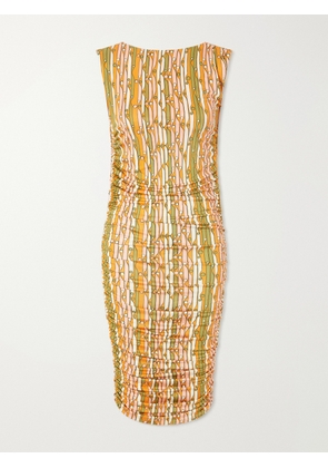 La DoubleJ - Printed Ruched Mesh Mini Dress - Orange - xx small,x small,small,medium,large,x large