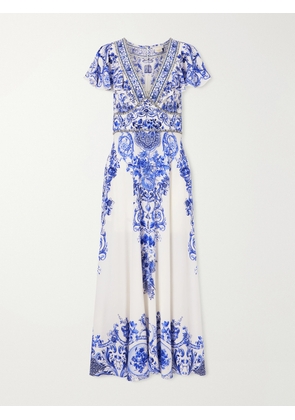 Camilla - Embellished Printed Ruffled Silk-crepe Midi Dress - Blue - x small,small,medium,large,x large,xx large
