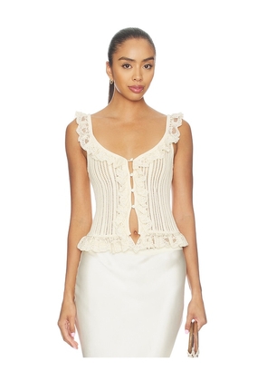 Tularosa Leyla Pointelle Ruffle Top in Cream. Size XS. Also in XXS, S, M, L, XL.