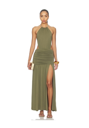 Runaway The Label Imelda High Neck Maxi Dress in Olive. Size XS. Also in L, M, S, XL.