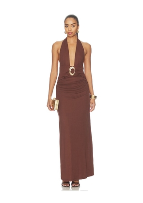 Runaway The Label Arina Halter V-neck Maxi Dress in Brown. Size XS. Also in L, M, S, XL.