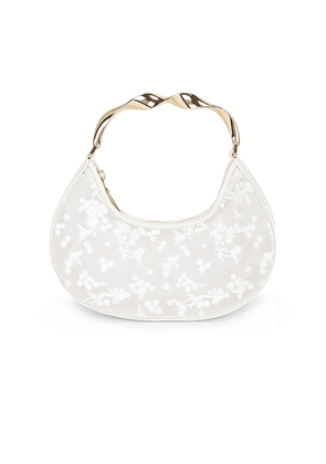 SIMKHAI Nixi Floral Embroidered Mesh Twist Handle Bag in White.