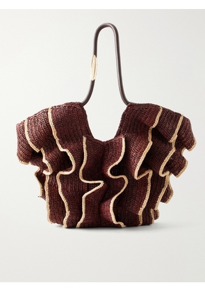 Zimmermann - Goldentime Ruffled Leather-trimmed Raffia Medium Tote - Brown - One size