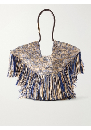 Zimmermann - Goldentime Fringed Leather And Fabric-trimmed Raffia Medium Tote - Blue - One size