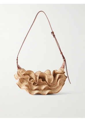 Zimmermann - Goldentime Ruffled Leather-trimmed Raffia Shoulder Bag - Neutrals - One size