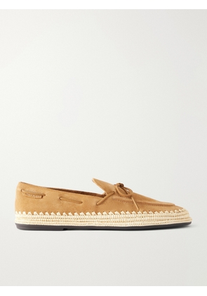 Tory Burch - The Raffia Boaty Bow-detail Raffia-trimmed Suede Loafers - Brown - US5.5,US6,US6.5,US7,US7.5,US8,US8.5,US9,US9.5,US10,US10.5,US11