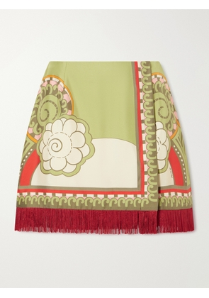 La DoubleJ - Foulard Fringed Silk-twill Mini Skirt - Green - xx small,x small,small,medium,large,x large