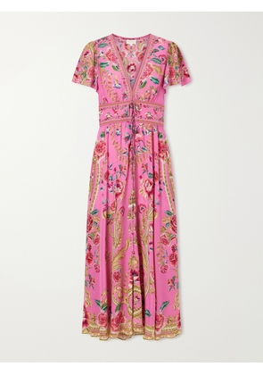 Camilla - Embroidered Printed Silk Maxi Dress - Pink - xx small,x small,small,medium,large