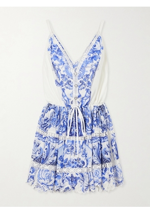 Camilla - Printed Embroidered Cotton And Silk-blend Mini Dress - Blue - x small,small,medium,large,x large