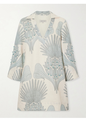 Andres Otalora - Aziza Mia Embellished Printed Linen Mini Dress - Green - US0,US2,US4,US6,US8,US10