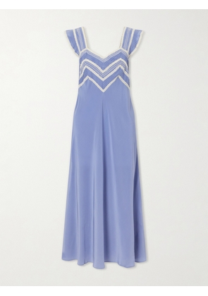 RIXO - Bailee Crochet-trimmed Silk-crepe De Chine Midi Dress - Blue - UK 6,UK 8,UK 10,UK 12,UK 14,UK 16,UK 18,UK 20