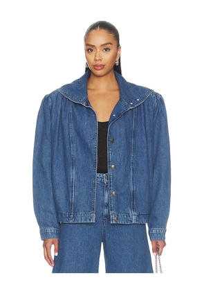 ROTATE Gathered Denim Jacket in Blue. Size 34. Also in 36, 38, 40, 42, 44, 46.